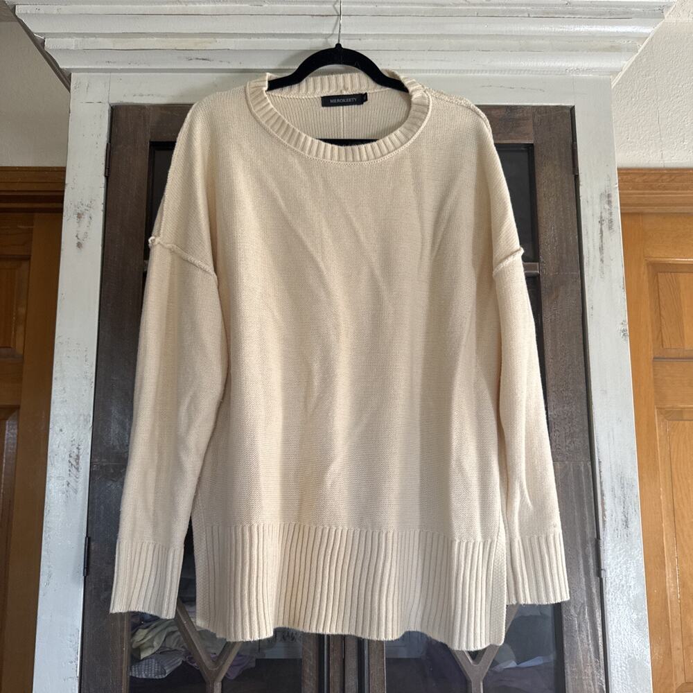 MEROKEETY Casual Crew Neck Pullover Sweater Loose Long Sleeve Size XL Cream